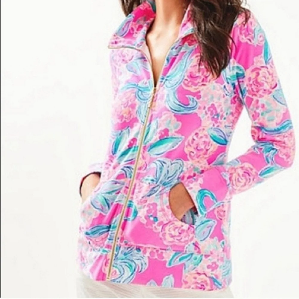 Lilly Pulitzer Leona Zip Up Jacket in Prosecco Pin Pinking Positive UPF 50 Small - Picture 2 of 11